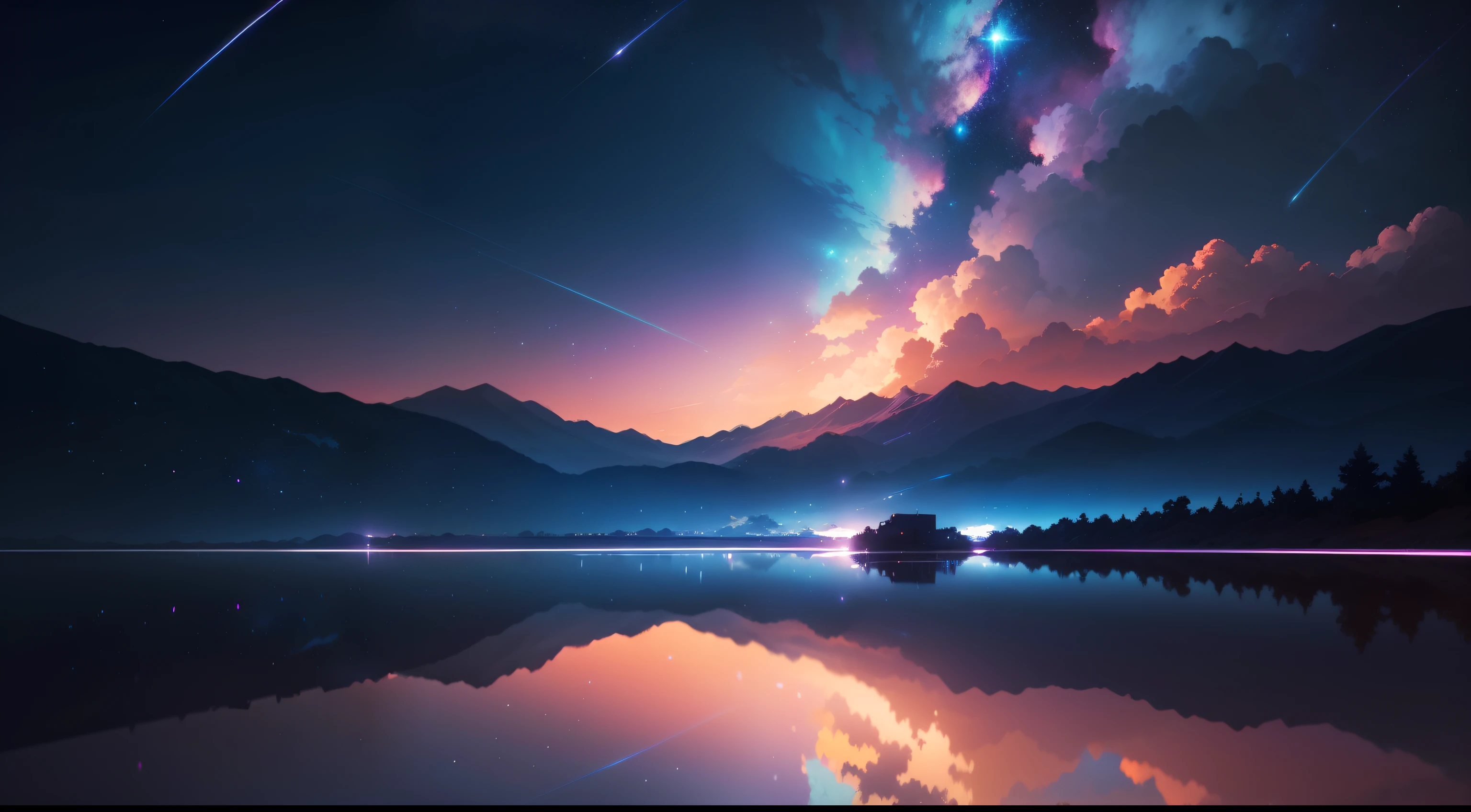 A painting of shooting stars over the lake, There are two types of stars, Green shooting stars. the sky is blue, The surface of the lake is pink-purple, It has a layered color transition. You name it movie style, Anime wallpapers, Anime movie wallpapers, Perfect reflection effects, Anime Sky, Amazing wallpapers, Vibrant colours, Vibrant colours, bright colors. You name it, colorful Anime movie wallpapers, Anime clouds, Beautiful anime scenes, Anime wallpaper art, Cosmic sky. author: Makoto Shinkai, Ufotable art style, Beautiful peaceful anime scenes, Anime atmosphere