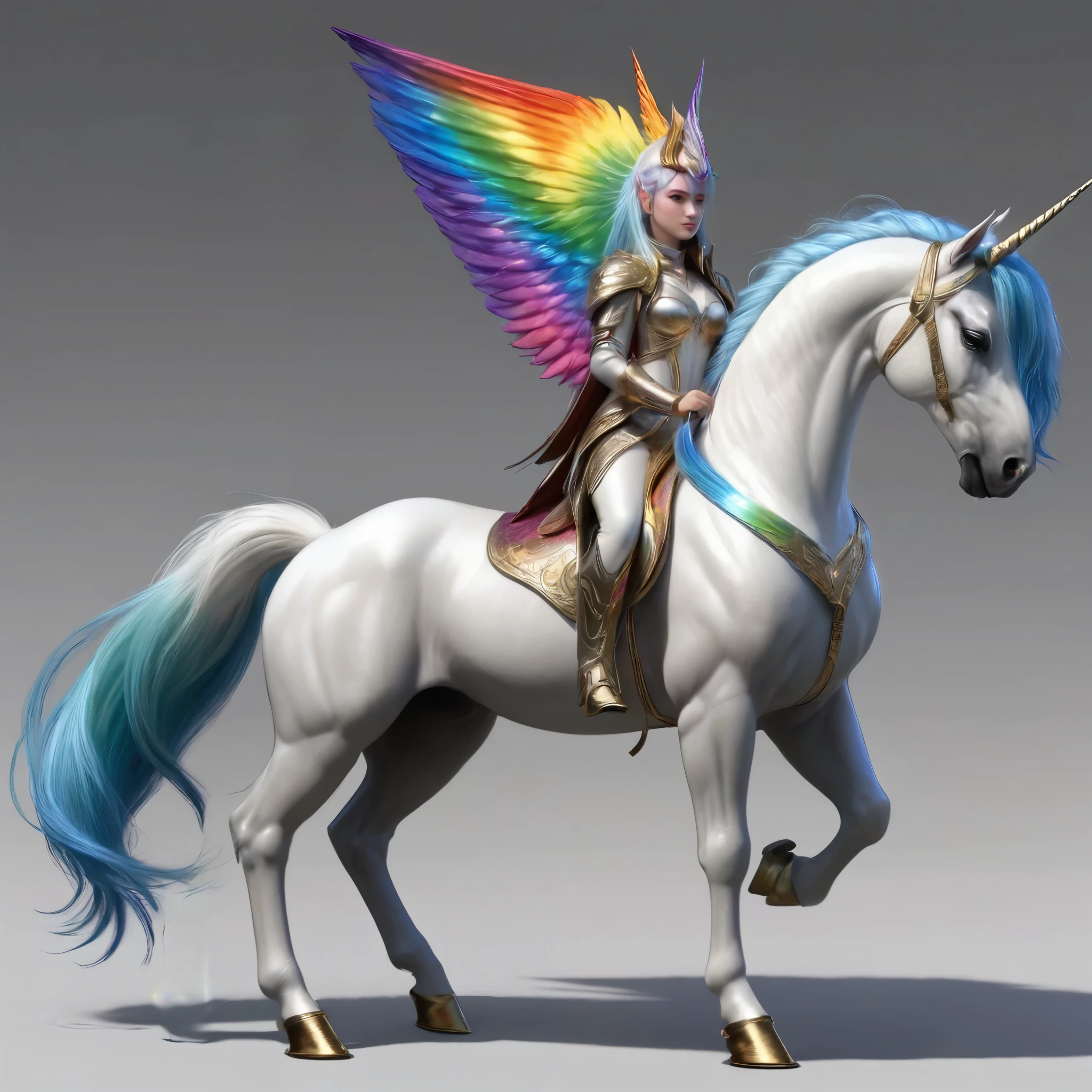 character design sheet, A pegasus unicorn standing tall, with a single rainbow-colored unicorn horn, in the style of Mark Raiden, Xue Wang, fine workmanship, high detail, 8K, realistic, inscriptions with technical characteristics, a description of the character is given, her strengths are shown