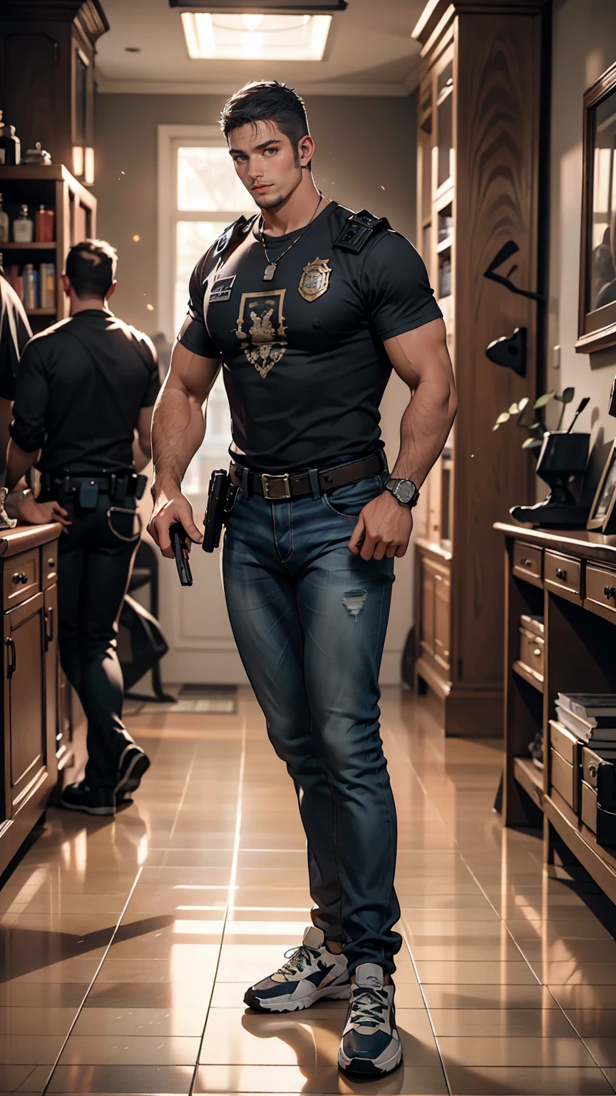 8K, RAW Photos, highest quality, masterpiece:1.2), (Realistic, photo-Realistic:1.37)、American law enforcement investigator、Searching a suspicious room with a handgun、I lean forward and open the door quietly.、Gunfight、Wear body armor over a T-shirt、Wearing jeans、Wear sneakers