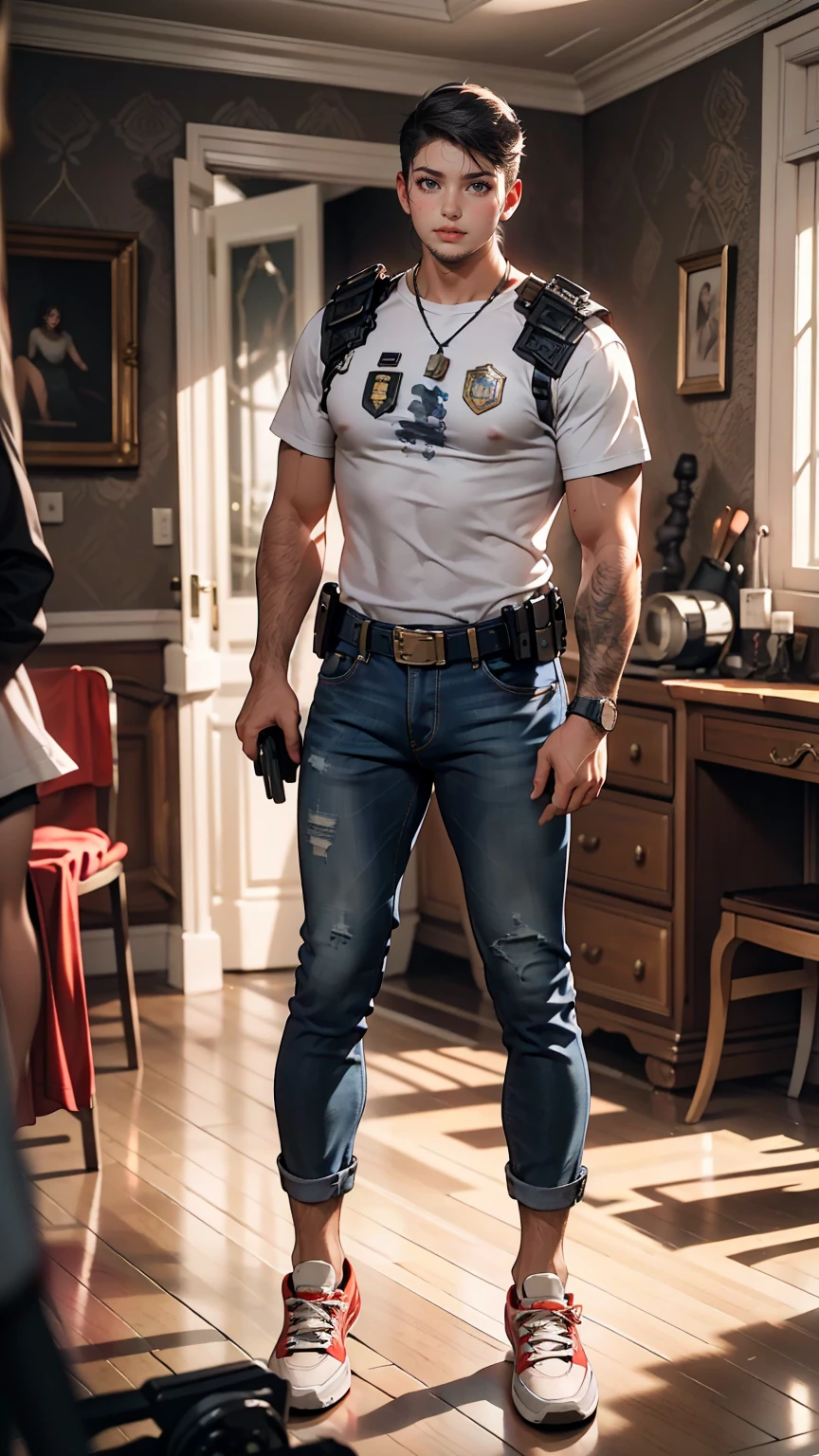 8K, RAW Photos, highest quality, masterpiece:1.2), (Realistic, photo-Realistic:1.37)、American law enforcement investigator、Searching a suspicious room with a handgun、I lean forward and open the door quietly.、Gunfight、Wear body armor over a T-shirt、Wearing jeans、Wear sneakers