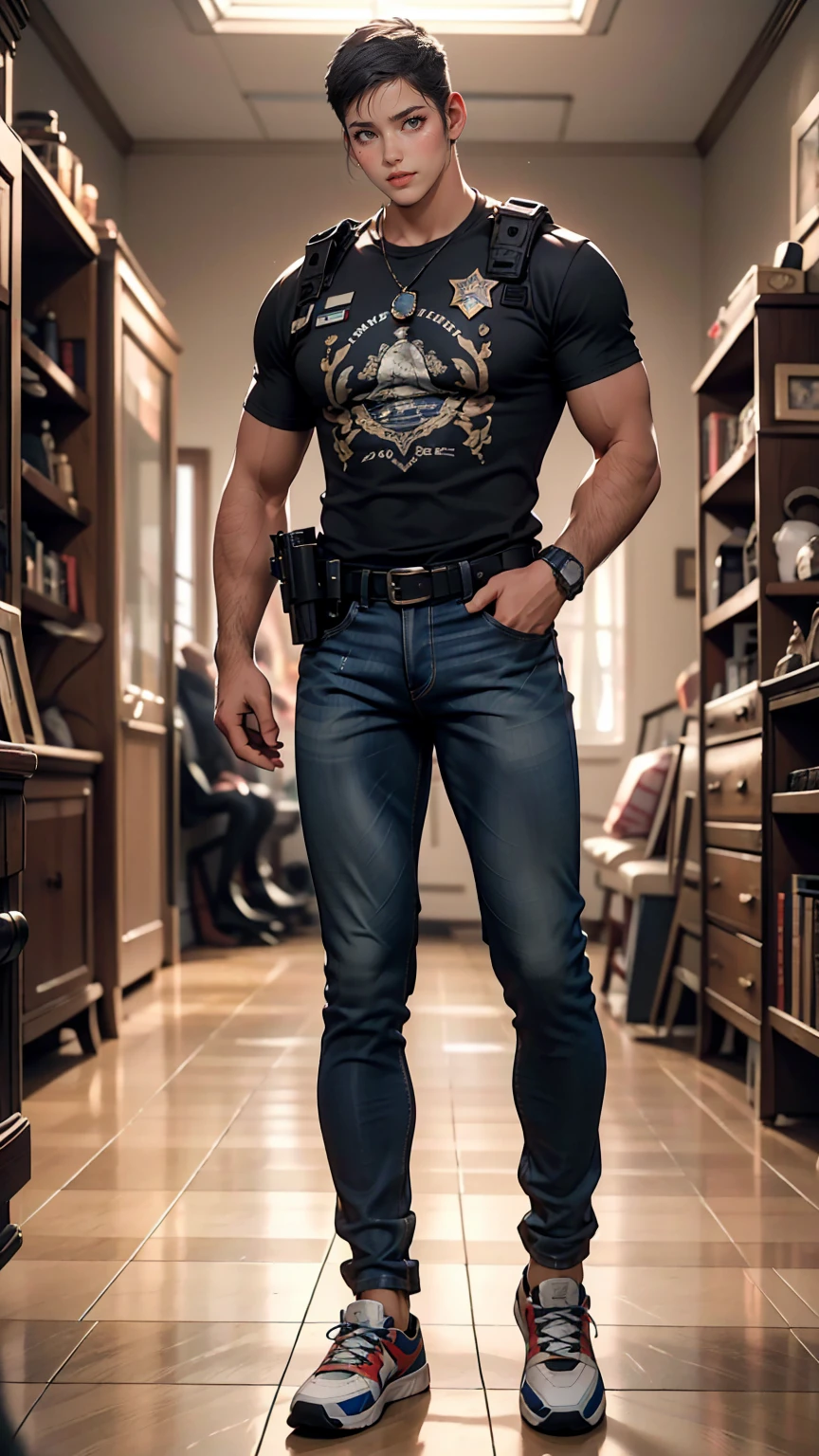 8K, RAW Photos, highest quality, masterpiece:1.2), (Realistic, photo-Realistic:1.37)、American law enforcement investigator、Searching a suspicious room with a handgun、I lean forward and open the door quietly.、Gunfight、Wear body armor over a T-shirt、Wearing jeans、Wear sneakers