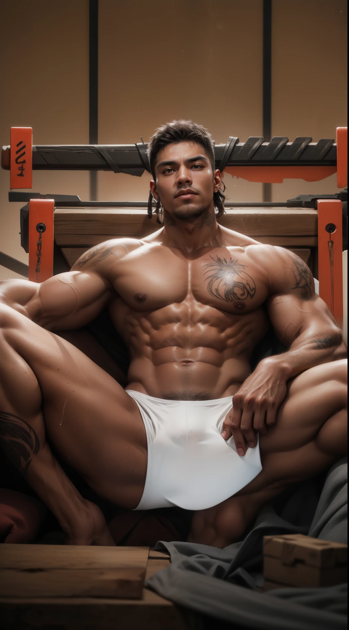 maximum resolution: 1.2), (Ultra HDTV: 1.2), 8K resolution, Eye and skin details, face details, , (Sharp focus: 1, 2), (Prime focus expressions body: 1,2), 1 guy, Dark skin, Sitting, (Shirtless), Tattooed, ((Tight white briefs)), Natural skin, Perfect muscles, 6 pack, Sweaty foul smell in the abdomen and chest