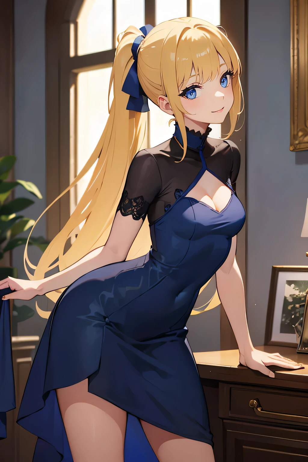 Safe for work, masterpiece, best quality, solo, 1 girl, facing forward, looking at camera, (young female body:1.4), ( medium small breasts), slender legs, golden yellow hair, extra long hair, blunt bangs, crystal blue eyes, very detailed eyes, inside livingroom, cozy background, ponytail, standing, leaning forward, erotic, dark blue dress, long form fitting dress, tight blue dress, silver details, flustered expression, arched back, arching her back