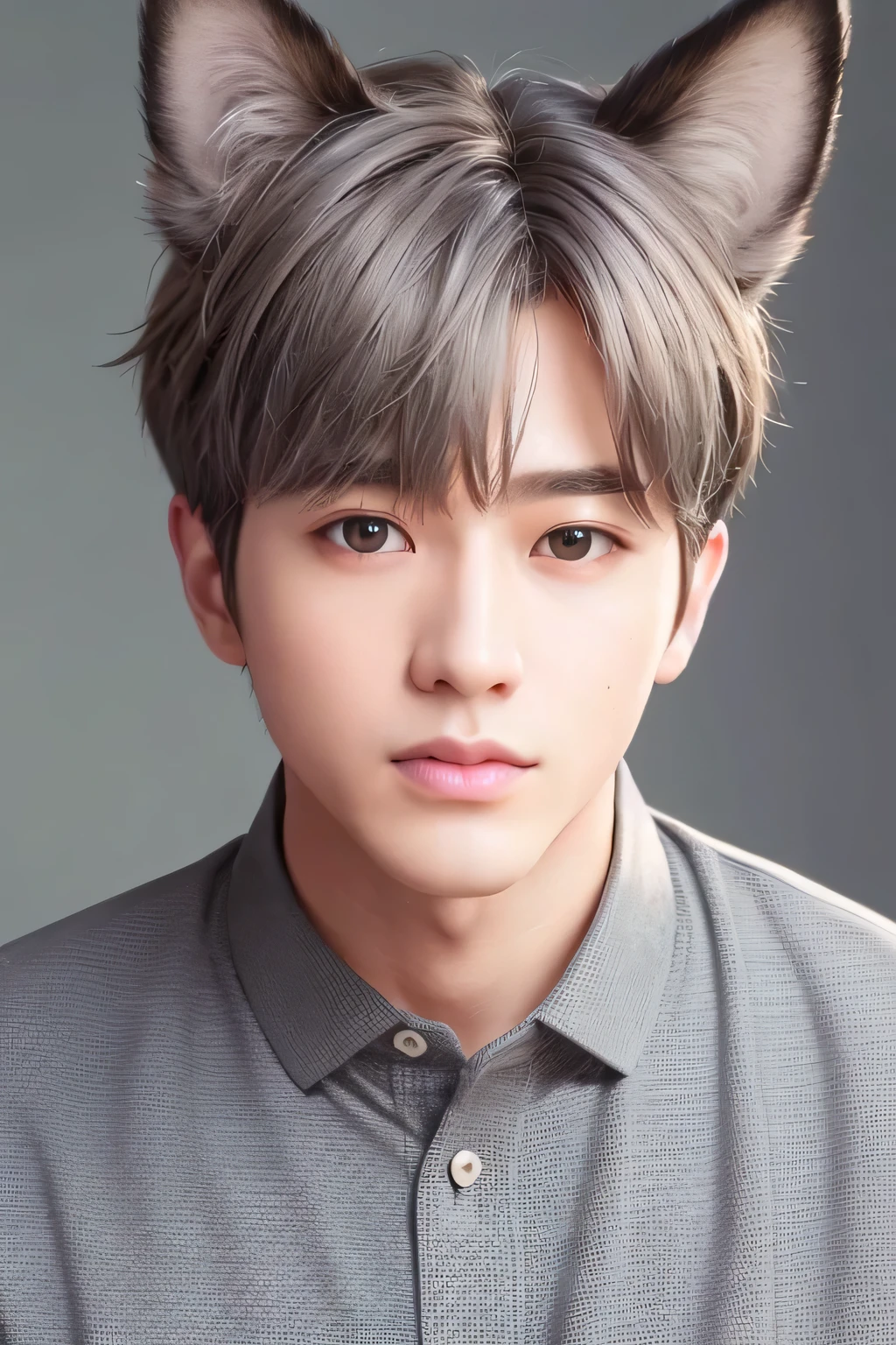 1male、、highest quality、masterpiece、8k、、Realistic Skin、(head shot:1.45)、Soft Hair、(Dog Ears)、Grey polo shirt、