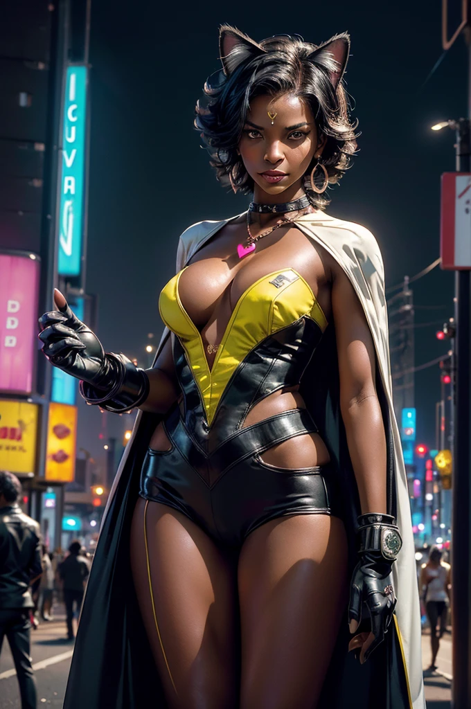 (masterpiece,stunning girlfriend, (standing:1.1), dynamic pose, heart shaped face, elegant face, beautiful face, highly detailed face, highres, masterpiece,best quality,original,extremely detailed CG,extremely detailed wallpaper,perfect lighting,looking at viewer,bare hands,1girl, SiennaKhan,short hair,black hair,animal ears,yellow eyes,cat ears,dark skin,dark-skinned female,gloves,jewelry,earrings,cape,facial mark,cleavage cutout,hoop earrings, standing, outdoors, cyberpunk city, busy street, night, neon signs, futuristic technology, crowd (crowd wearing sci-fi clothing), closed mouth, serious look, serious expression, looking at viewer,