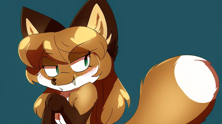 Nervous smiling, uploaded the e621, beautiful and detailed, woman (((female))) ((anthro)) Fox, (Averi, Fox girl), cinematic lighting, Fox, (anthro, fluffy fur, character focus:1.1), 1girl, anthro fox girl, body fur, curvy, sexy, nice, cute, hot, comfortable anime-style cartoon-style, digital drawing, (half-closed eyes), green eyes, crouching, smug, sassy, fangs, sassy hips, simple background, raised tail, long tail, looking at viewer, SFW