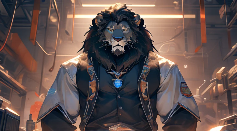 masterpiece,Best quality,1 person,aldult,anthropology(Black lion),High-tech laboratory,Wear tights all over,Display screen projection status。16k,strong,muscle。High Detail,high quality,High resolution,HD。full-body shot。Black pupil,High Detail。beautiful eyes。Lion clan。