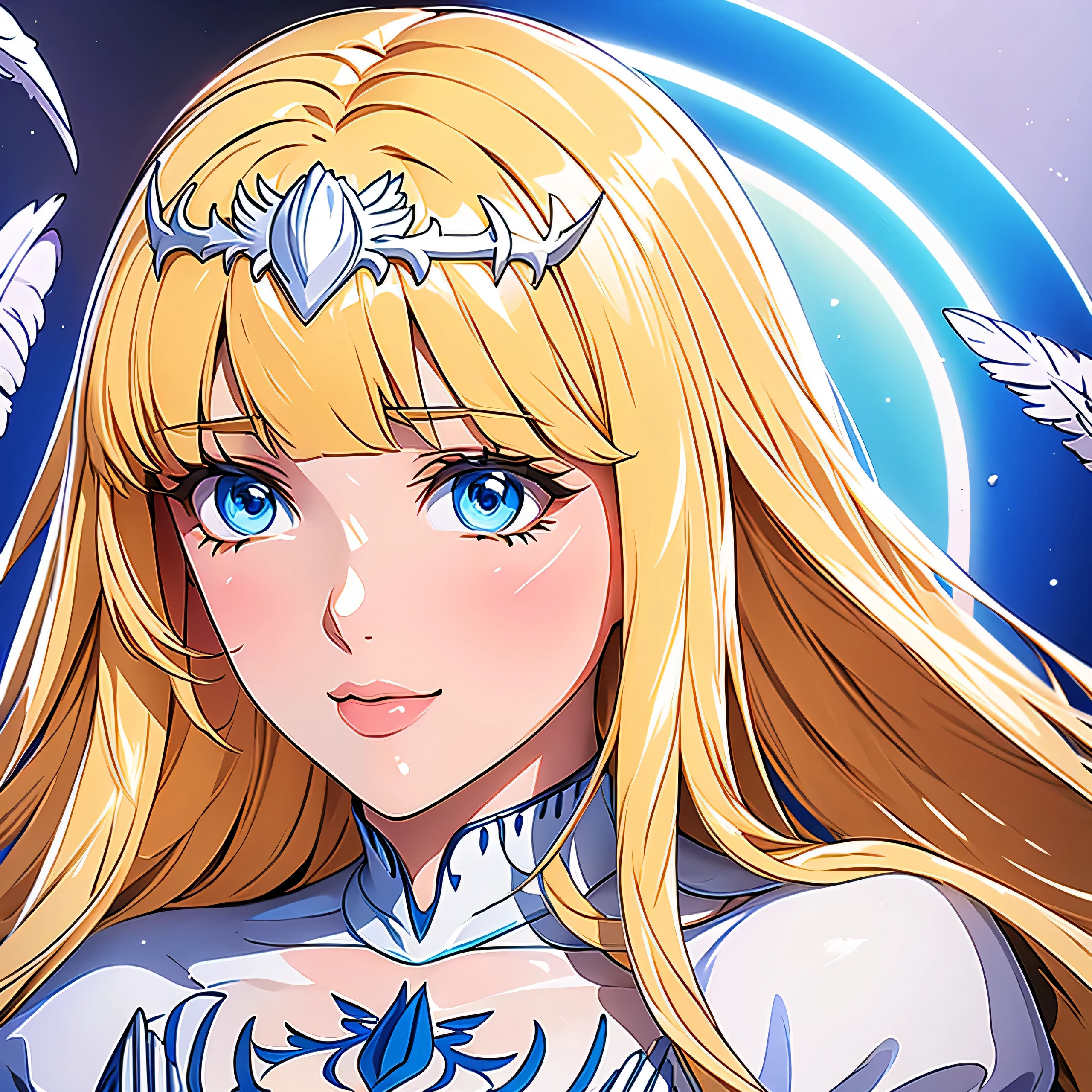 Masterpiece, Angel Girl, wings, white dress with feathers, close-up portrait, detailed face, a lot of feathers,  solo, Calca, Calca Bessarez, blonde hair, extremely long hair, very long hair, white tiara, silver tiara, white dress, blue eyes, medium chest, long straight hair