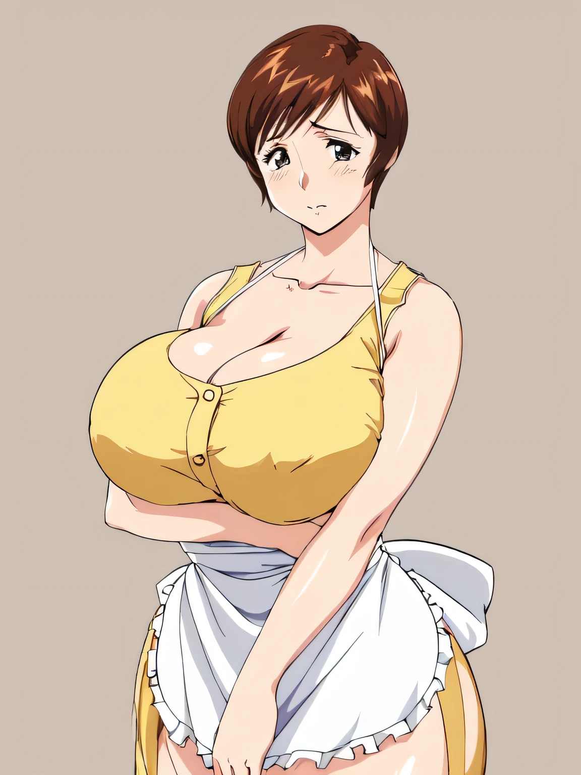 masterpiece, highest quality, High resolution, One girl, alone, alone, short hair, etsukoto, Fine grain, Fine grain, (((Thick thighs, Plump thighs, Voluptuous thighs, Enough thighs))), Big and ample breasts, Cleavage, Huge long breasts, Naughty big,((Big breasts are important))、((Naughty thighs)), L Cup, (thin:1.4),(Narrow waist:1.4), (Perfect beautiful yellow dress:1.4), ((white waist apron)), Embarrassed look, (((Simple Background))), ((Wide Hips)), Shiny, oily skin, Mature mother, Calf, Seductive mature woman, Perfect body, Plus Size Model, etsukoto, blush, clavicle, retro artstyle, 1990s (style), crossed arms under breasts, upper body, tilt head,