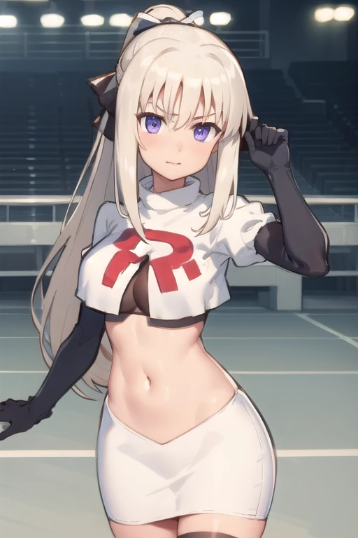 indoor, arena,
rinne_bj, 1girl, long hair, looking at viewer, breasts, purple eyes, ahoge, v-shaped eyebrows, medium breasts, ribbon, hair ribbon, very long hair, ponytail, bangs, hair between eye, team rocket,team rocket uniform,white skirt,red letter R,crop top,black thigh-highs,black elbow gloves