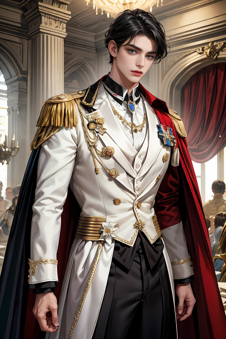 masterpiece, 最high quality, high quality, 1 boy, alone, Male focus, Watching the audience, Messy black hair, Adorable big blue eyes, White, Noble, Noble, Beautiful tailcoat、A very voluminous, large, very large, very large, long, long red and black cape with a high stand-up collar, made of a lot of fabric that reaches down to the floor., ,Cute beautiful boys,Cute, cute, kind, handsome guy