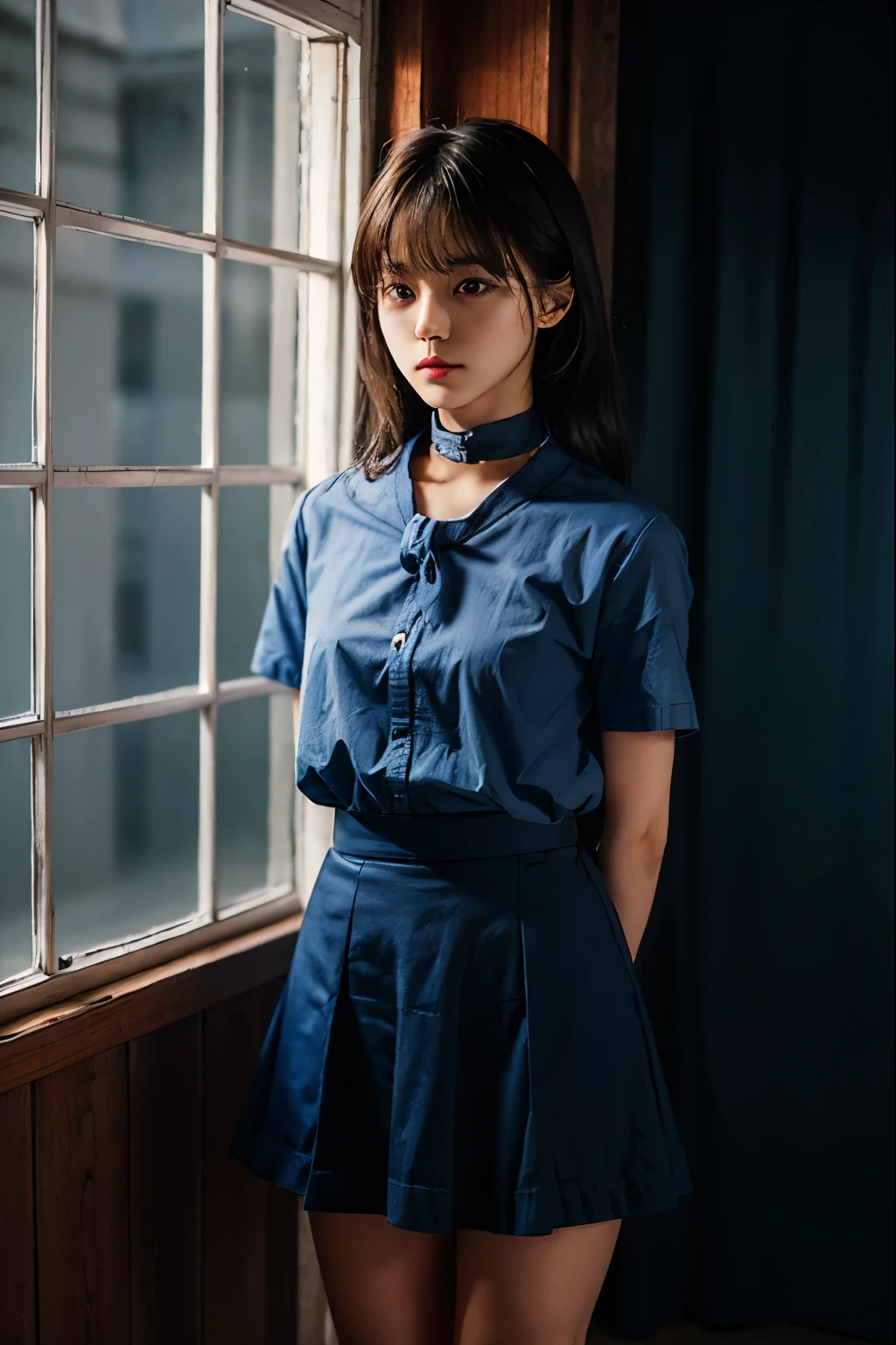 A cute girl is confined and tied up、A room with the lights on at night、Blue semi-long skirt、Red short sleeve shirt、Are standing、Beauty、Age 25、Medium build、Outside the window is night、Like real life、highest quality、
