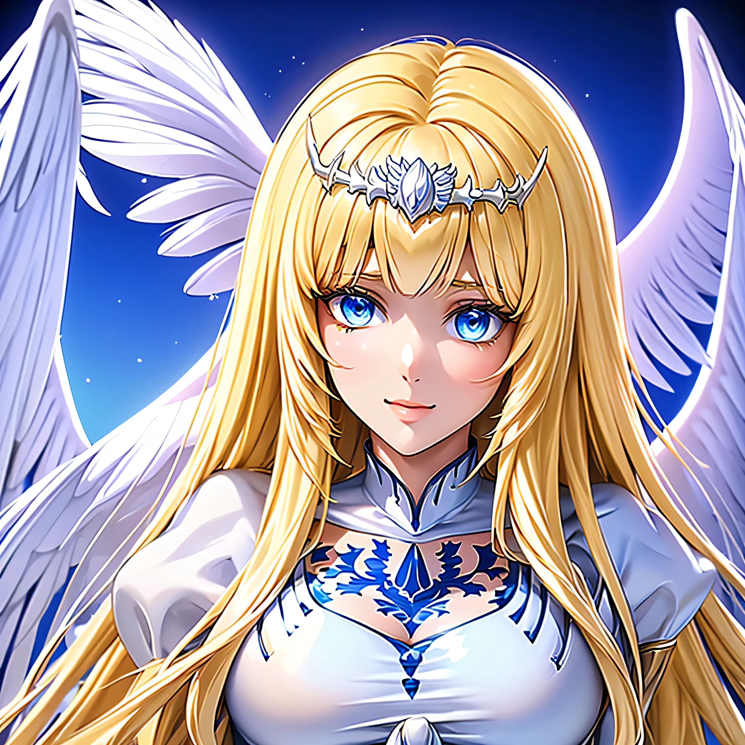 Masterpiece, Angel Girl, wings, white dress with feathers, close-up portrait, detailed face, a lot of feathers, solo, Calca, Calca Bessarez, blonde hair, extremely long hair, very long hair, white tiara, silver tiara, white dress, blue eyes, medium chest, long straight hair