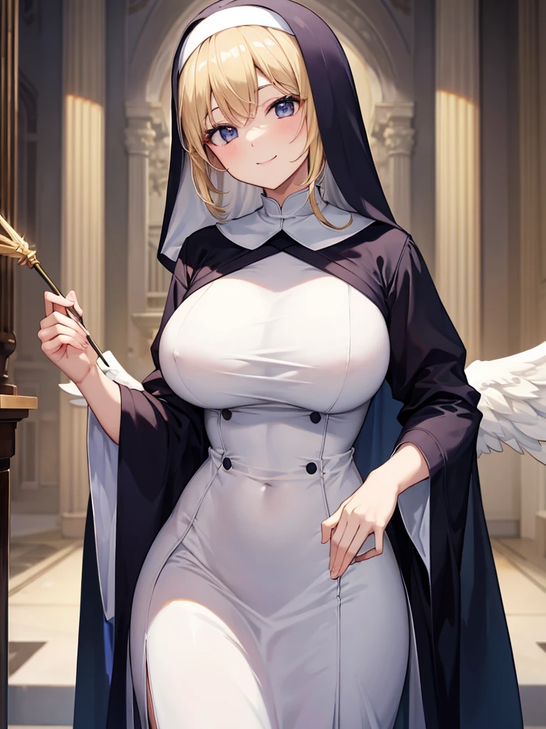 masterpiece、highest quality、High resolution、Very detailed、Mature Woman、Big Breasts、Sister、Nuns、Blonde、Angel Hylo、Smiling、Angel's wing、Hands outstretched、Aerial、blue sky、god々Shii、
