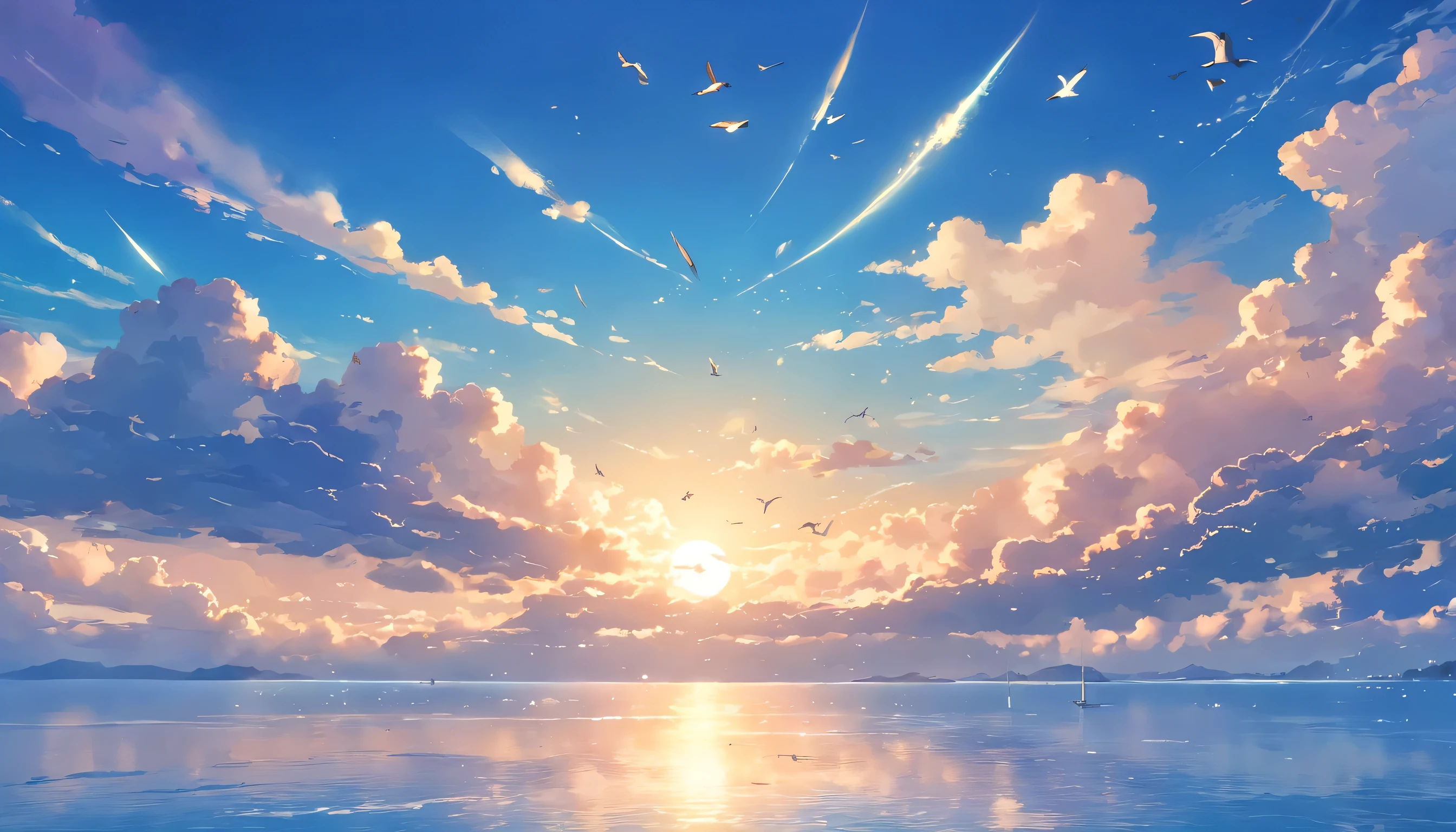 A very close up photo of a beautiful blue sky with floating clouds A flock of swallows flying in the sky,create software, Diffuse Light. The background depicts a calm sea., The light of the moon and the sun reflected on the water .highest quality, Detailed Background, summer