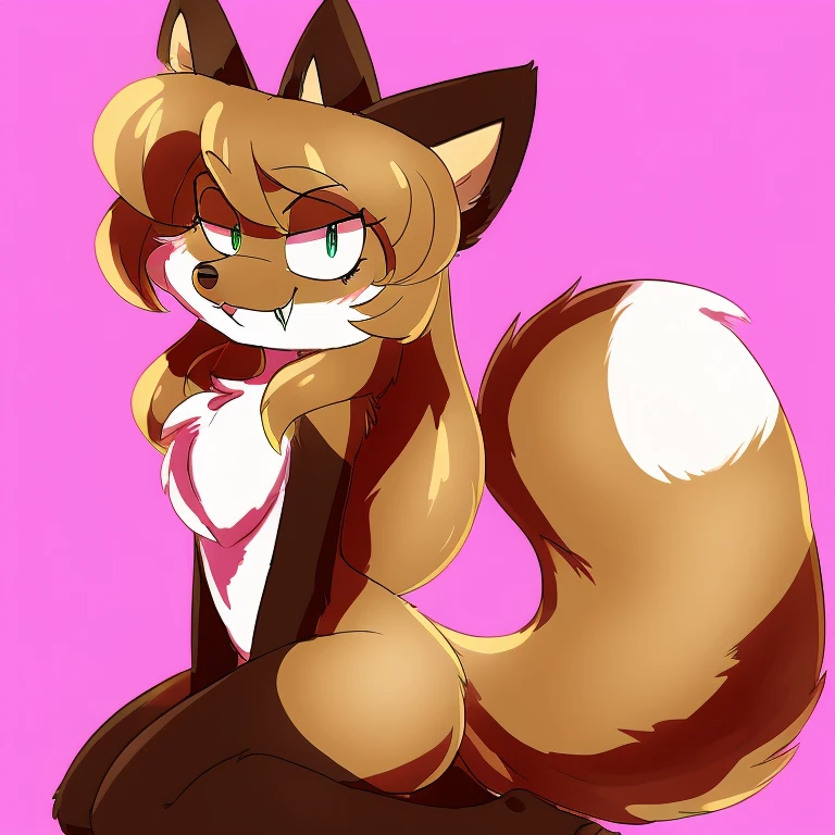 Nervous smiling, uploaded the e621, beautiful and detailed, woman (((female))) ((anthro)) Fox, (Averi, Fox girl), cinematic lighting, Fox, (anthro, fluffy fur, character focus:1.1), 1girl, anthro fox girl, body fur, curvy, sexy, nice, cute, hot, comfortable anime-style cartoon-style, digital drawing, (half-closed eyes), green eyes, crouching, smug, sassy, fangs, sassy hips, simple background, raised tail, long tail, looking at viewer, side eye, SFW