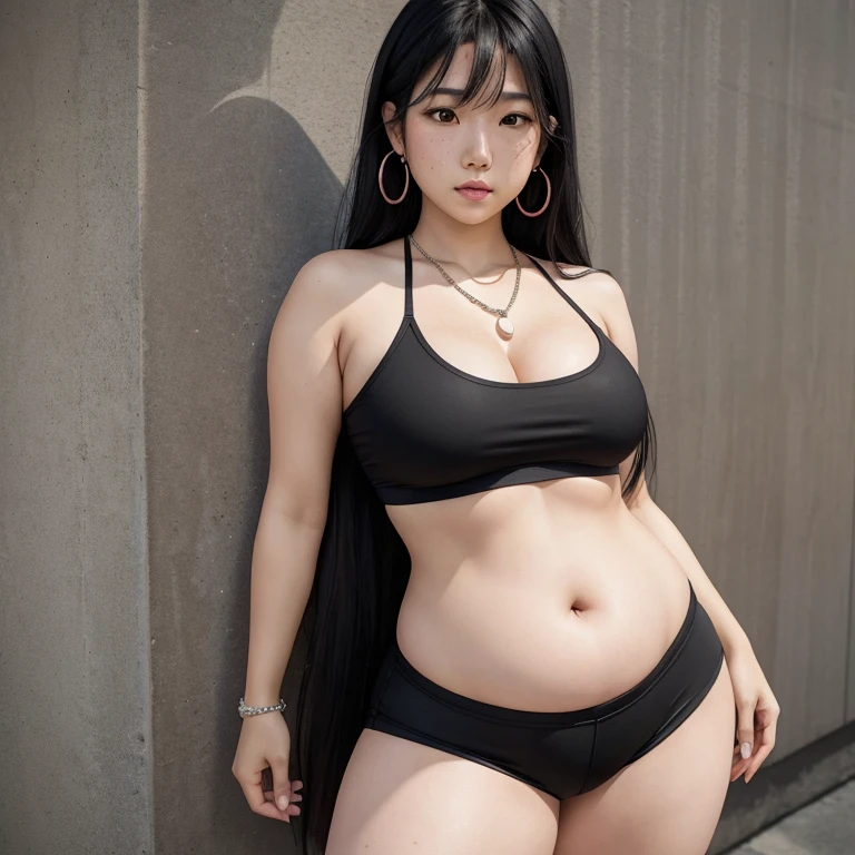 Kaori, Single model, solo, half Asian, half Latino, very long straight black hair, freckles, blushing, long chain pendant, hoop earrings, very large heavy breasts, chubby, belly, stretchmarks, pink crop top, small black lycra shorts, white leggings