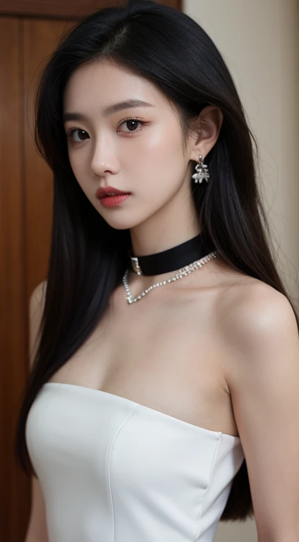 there is a woman with a white dress and a white bow, pearl choker, wearing choker, pearls, white hime cut hairstyle, white bangs, ribbon in her hair, piercings collar, inspired by Louis Le Nain, ulzzang, bowknot, girl with a pearl earringl, pearl necklace, shikamimi, pearls and chains, belle delphine
