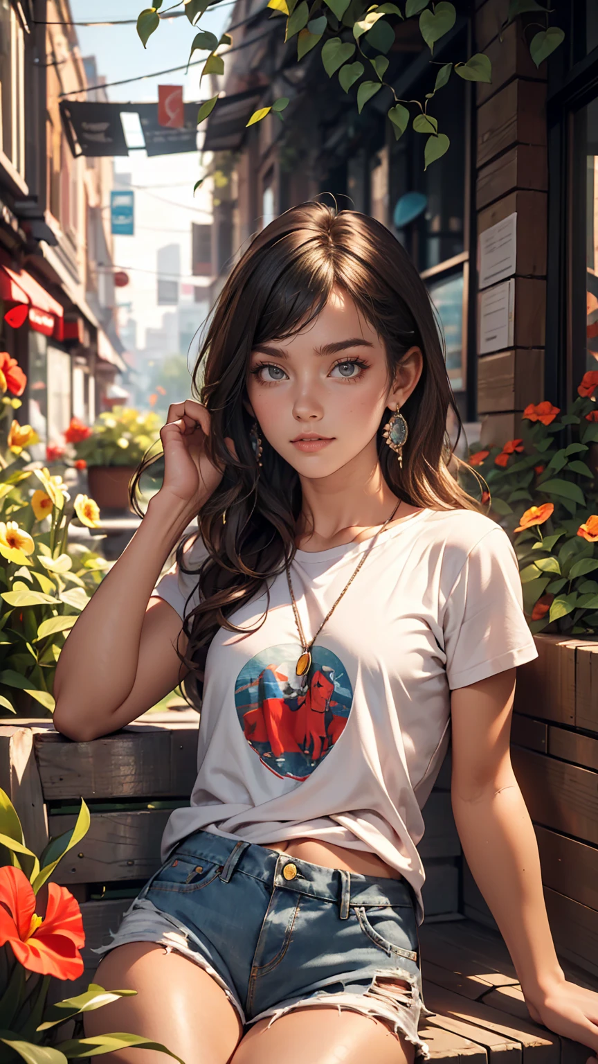 highest quality, masterpiece, Ultra-high resolution, (Genuine: 1.4), Original photo, (Evening City), 1 girl, Iris, Looking at the audience, Long Hair, light makeup, lips, Small ears, White T-shirt, Denim shorts, Earrings, Sit in Ferrari,, slim, Neat, garden