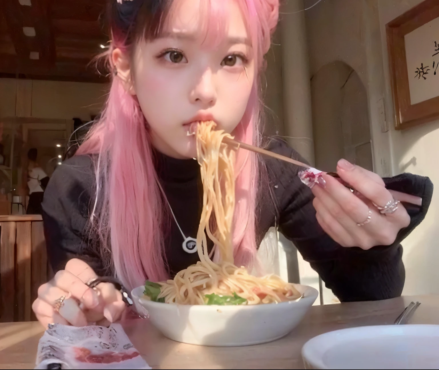 arafed girl con cabello rosado comiendo fideos with chopsticks, comiendo fideos, mukbang, comiendo espaguetis, comiendo ramen, con cabello rosado, comiendo espaguetis from a bowl, ❤🔥🍄🌪, ella parece una mezcla de grimes, parece una mezcla de mugre, come pasta todo el tiempo, ulzzang, chica emo comiendo panqueques