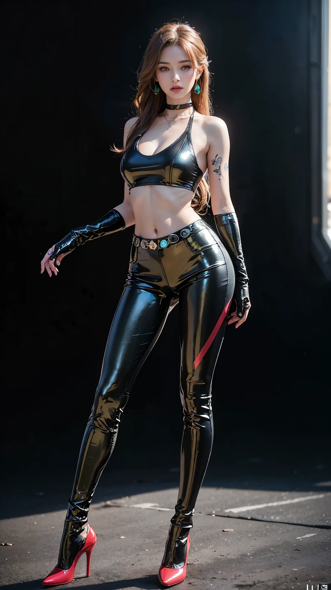 ((masterpiece:1.4)、(highest quality:1.4)、(Realistic:1.7))、Masterpiece:1.4、(Top-notch rendering:1.4)、(Space Federation 3WA Special Agency Female Officer:1.4)、Super Beautyエージェント、(By Luis Royo:1.4)、(Ready your gun?:1.2)、(Futuristic sci-fi battle fashion:1.2)、(Street Style Wear)、(Tight Fit Pants)、(Shiny luxury latex:1.4)、(Luxury Red Latex:1.4)、22 years old、(Cute Tattoos:1.4)、(Wearing black gloves)、Cute Girl、Super Beauty、(Seductive pose)、Sharp Focus、Portrait Photography:1.4、8k、Photorealistic images:1.4、(Perfect female body:1.4)、Perfect proportions、(Standing:1.4)、(Full body photography:1.4)、Beautiful Face、Fearless look、Beautiful Eyes、(A girl with a beautiful body and slender abdominal muscles)、(Narrow waist:1.4)、(9-body proportions beautiful girl:1.4)、(A beautiful girl with long legs and a good figure:1.4)、Beautiful feet:1.2、(Long Hair:1.2)、Heavy makeup、Eyeshadow、Glow Eye、Glow Lip、Beautiful breasts、Large Breasts:1.2、sexy ass、(Standing facing forward:1.4)、Raw photo、Red lips、Red high heels:1.4、choker:1.4、necklace:1.4、Earrings:1.4、1 Screen Display:1.4、Beautiful night view of cyberpunk city:1.2