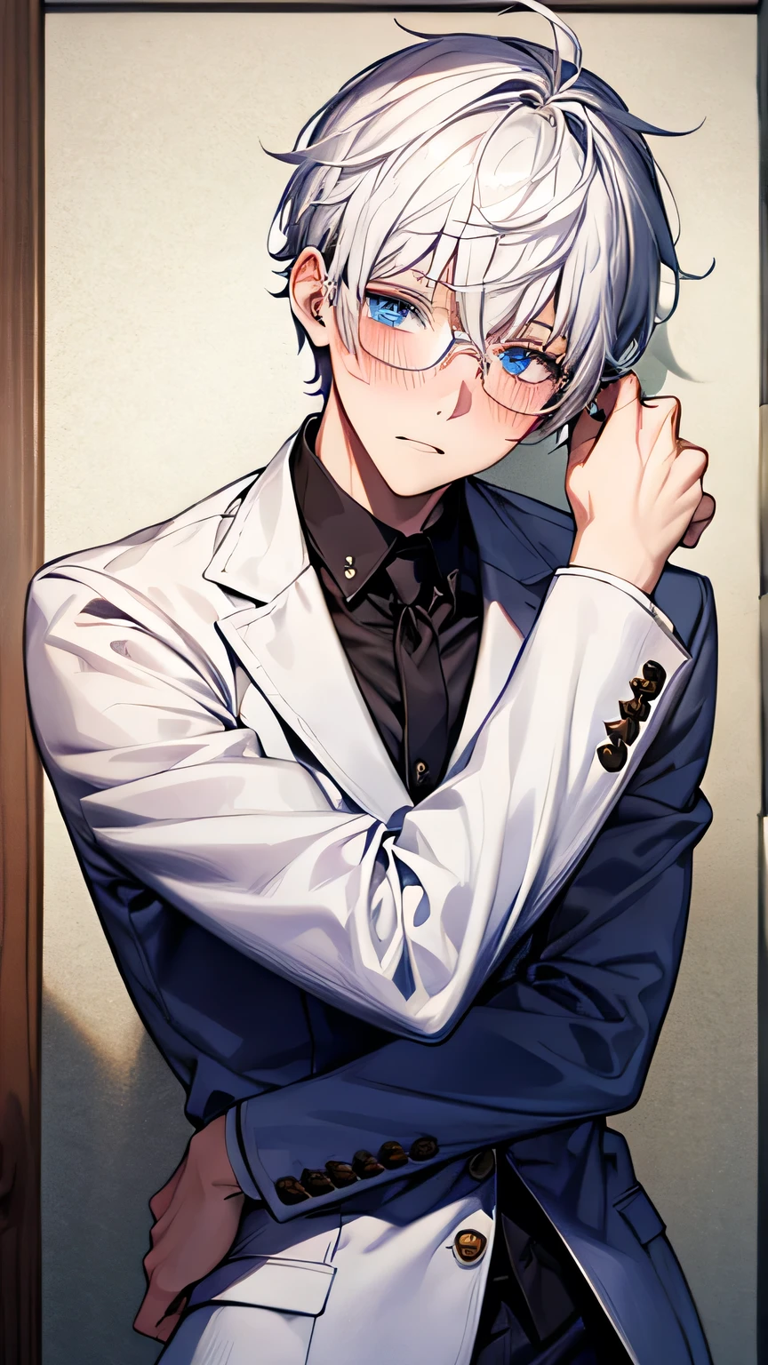 Blue eyes, white hair, male, teenager, short hair, handsome, highschool, , round glasses, soft blush