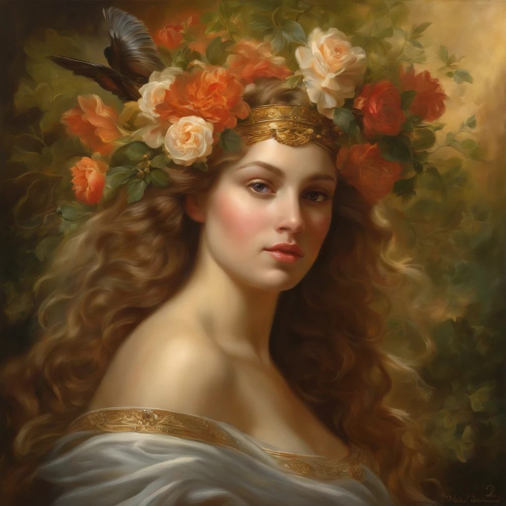 a work of oil painting art a work of oil painting art depicting the Greek goddess from Greek or Roman mythology, inspirado en el estilo de pintura de Peter Paul Rubens. Capture the magical and enchanting presence of the goddess as she appears with a mystical aura., surrounded by mythical nature. Infunde la pintura con colores pasteles., dramatic lighting, and intricate details characteristic of Rubens&#39; dynamic and emotive style. Let the power and beauty of the goddess shine in a captivating portrait that brings her mythological essence to life on the canvas., obra maestra, premiado, mejor calidad, muy detallado, obra de arte impecable, hermosa naturaleza en el fond