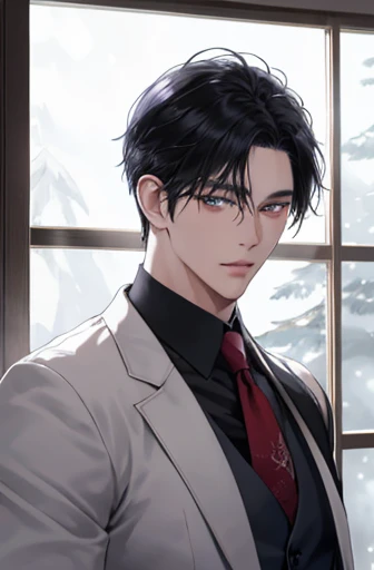there is a man in white vest and tie standing in front of window with snowy night scenery. inspired by Hisui Sugiura, with very highly detailed face, it has a piercing gaze, handsome stunning realistic, anime handsome man, ultra realistic picture, inspired by Itō Ogura Yonesuke, character close up, sui ishida with black hair, half body picture with hand pose