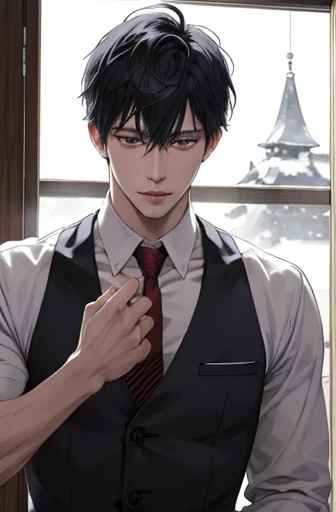 there is a man in white vest and tie standing in front of window with snowy night scenery. inspired by Hisui Sugiura, with very highly detailed face, it has a piercing gaze, handsome stunning realistic, anime handsome man, ultra realistic picture, inspired by Itō Ogura Yonesuke, character close up, sui ishida with black hair, half body picture with hand pose