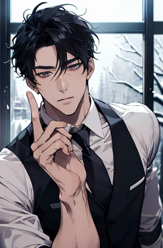 there is a man in white vest and tie standing in front of window with snowy night scenery. inspired by Hisui Sugiura, with very highly detailed face, it has a piercing gaze, handsome stunning realistic, anime handsome man, ultra realistic picture, inspired by Itō Ogura Yonesuke, character close up, sui ishida with black hair, half body picture with hand pose