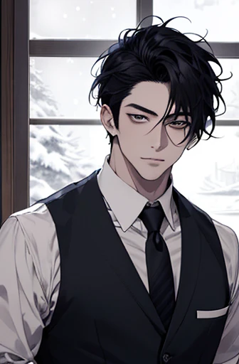 there is a man in white vest and tie standing in front of window with snowy night scenery. inspired by Hisui Sugiura, with very highly detailed face, it has a piercing gaze, handsome stunning realistic, anime handsome man, ultra realistic picture, inspired by Itō Ogura Yonesuke, character close up, sui ishida with black hair, half body picture with hand pose