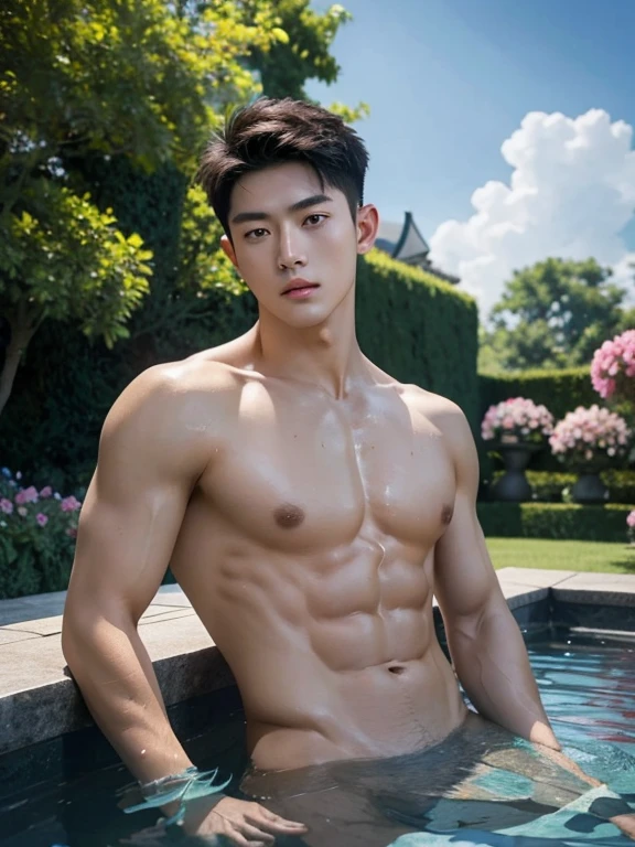 a  man, A garden with lots of flowers、In the fountain、Wet Skin、Completely naked sky、 shirtless , realistic handsome Korean face , modest muscles , masterpiece、A high resolution、hyperrealism、detailed face、solo、a men、glowing skin、(Asian)、(young、teenager)、、detailed background