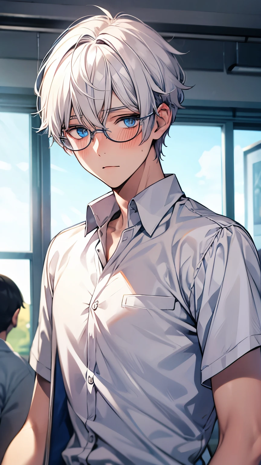 Blue eyes, white hair, male, teenager, short hair, handsome, highschool, , round glasses, soft blush