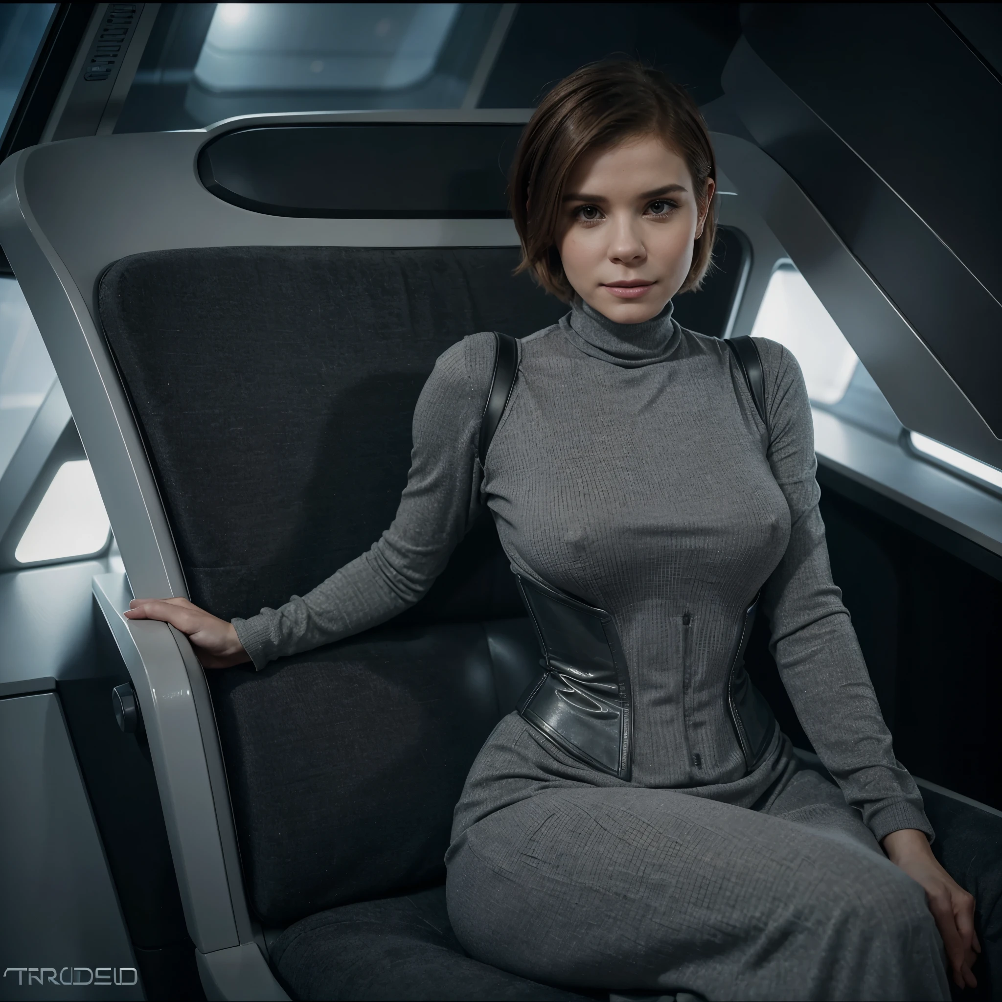 (Kate Mara: 1.0), she is in a gray turtleneck long dress with modern corset, realistic warm lighting, dreamy and ethereal, gentle, (Seductive Smile: 0.8), pixie hair, short hair, Warm, in a 2000's spaceship, siting in a starships captain chair, face towards the camera, full body, single person, hard nipples