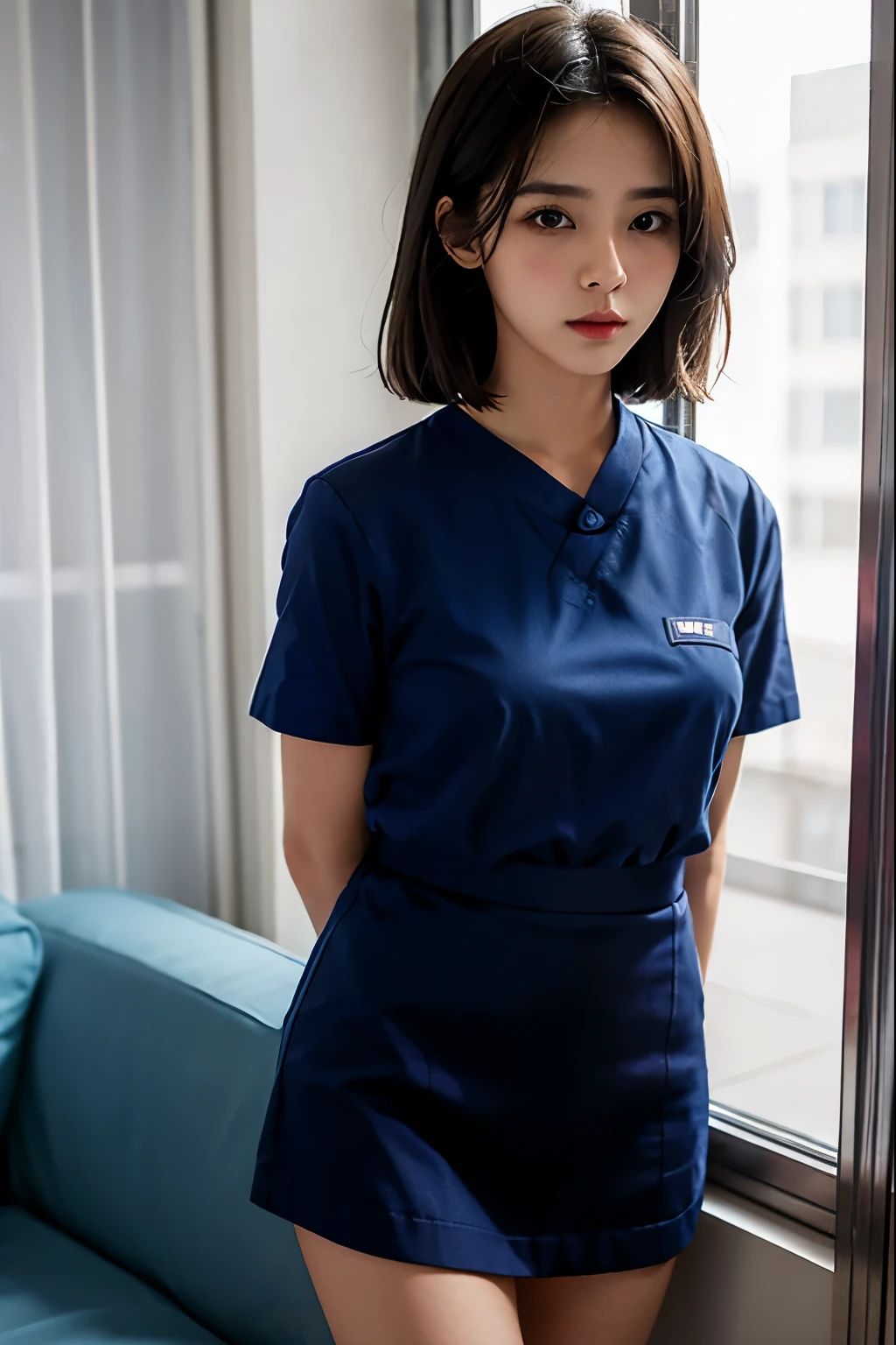 A cute girl is confined and tied up、A room with the lights on at night、Blue Skirt、Red short sleeve shirt、Are standing、Beauty、Age 25、Medium build、Outside the window is night、Like a photograph、