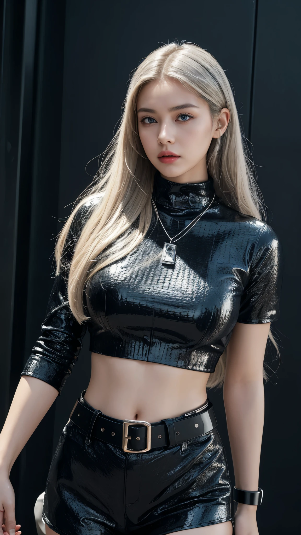 (Ultra-detailed eyes), (((textile shading))), (((Best Quality))), (((masterpiece))), (((Ultra realistic))), 45kg girl, little bit fat, light skin color,  sassy girl, chic girl, blonde long hair,  futuristic hairstyle, Bambi Chainmail Crop Top, Blue Moonogram, 1DR Logo-buckle Leather Belt, Rose Mix Necklace, many futuristic accessories, the outfit color is silver and black, natural make up, skinny fat innocent, in alien villages, action movie, freaky vibes, midshot, centered image, good girl, innocent girl, front look, cinematic movie poster pose, pale skin, cute face, futuristic fashion choices, mean girls movie vibes