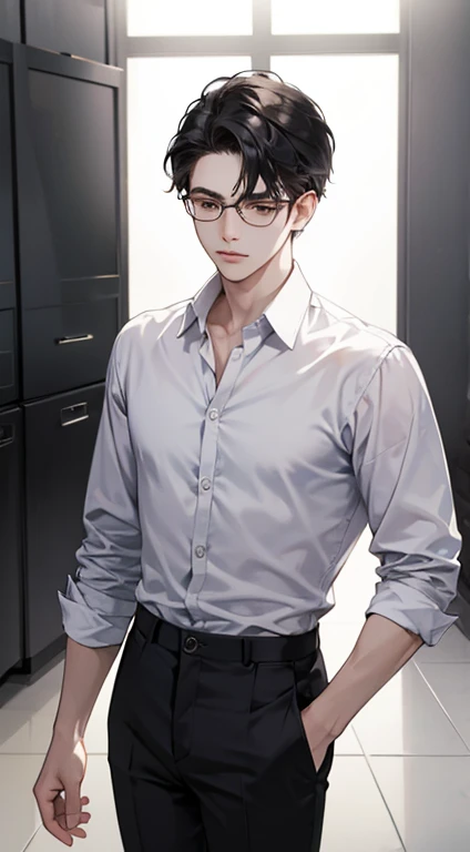 1 MALE WITH PERFECTLY ROUND GLASSES, BROWN SKIN TONE, SKINNY BODY, SOUTH ASIAN, BLACK HAIR, WOLFCUT HAIR, 35CM HAIR, BANGS, HAIR DOWN, HAIR COVERING FOREHEAD, BLACK SHIRT, GAMER, LONG SLEEVE