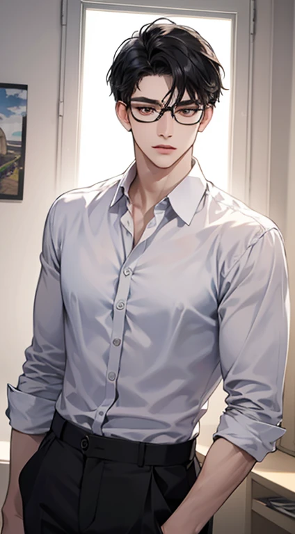 Young man with black hair and glasses、White Y shirt and pants、serious appearance、olhos calmos、Olhar ansioso、olhos pretos、Postura deprimida、homem de cabelo curto、