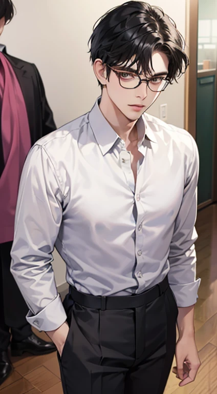 Young man with black hair and glasses、White Y shirt and pants、serious appearance、olhos calmos、Olhar ansioso、olhos pretos、Postura deprimida、homem de cabelo curto、