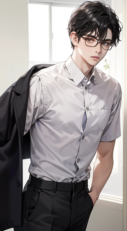 Young man with black hair and glasses、White Y shirt and pants、serious appearance、olhos calmos、Olhar ansioso、olhos pretos、Postura deprimida、homem de cabelo curto、
