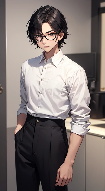 Young man with black hair and glasses、White Y shirt and pants、serious appearance、olhos calmos、Olhar ansioso、olhos pretos、Postura deprimida、homem de cabelo curto、