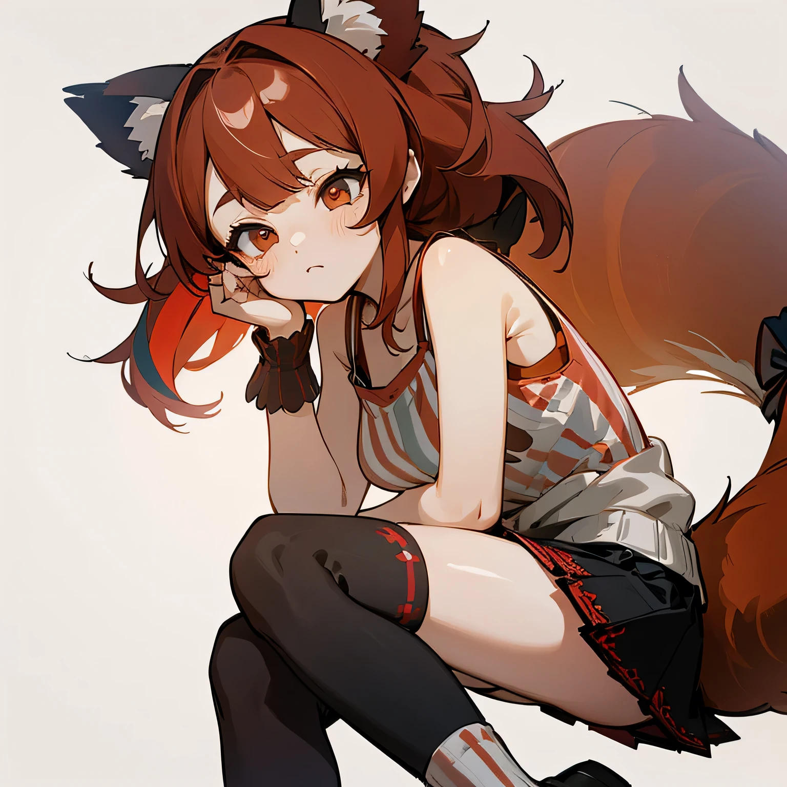 1GIRL, vtuber style, finely detailed, (best quality), (intricate details), multicolored, ((medium length red hair)), red panda style, best quality, ((cute lacey tank top with bow)), oversized cardigan, ((black short skirt)), ((thigh high socks)), ((red and white striped socks)), red panda ears, red panda tail, ((round eyes)), beautiful face, cute face, pinup, sleepy look, tired face, perfect face
