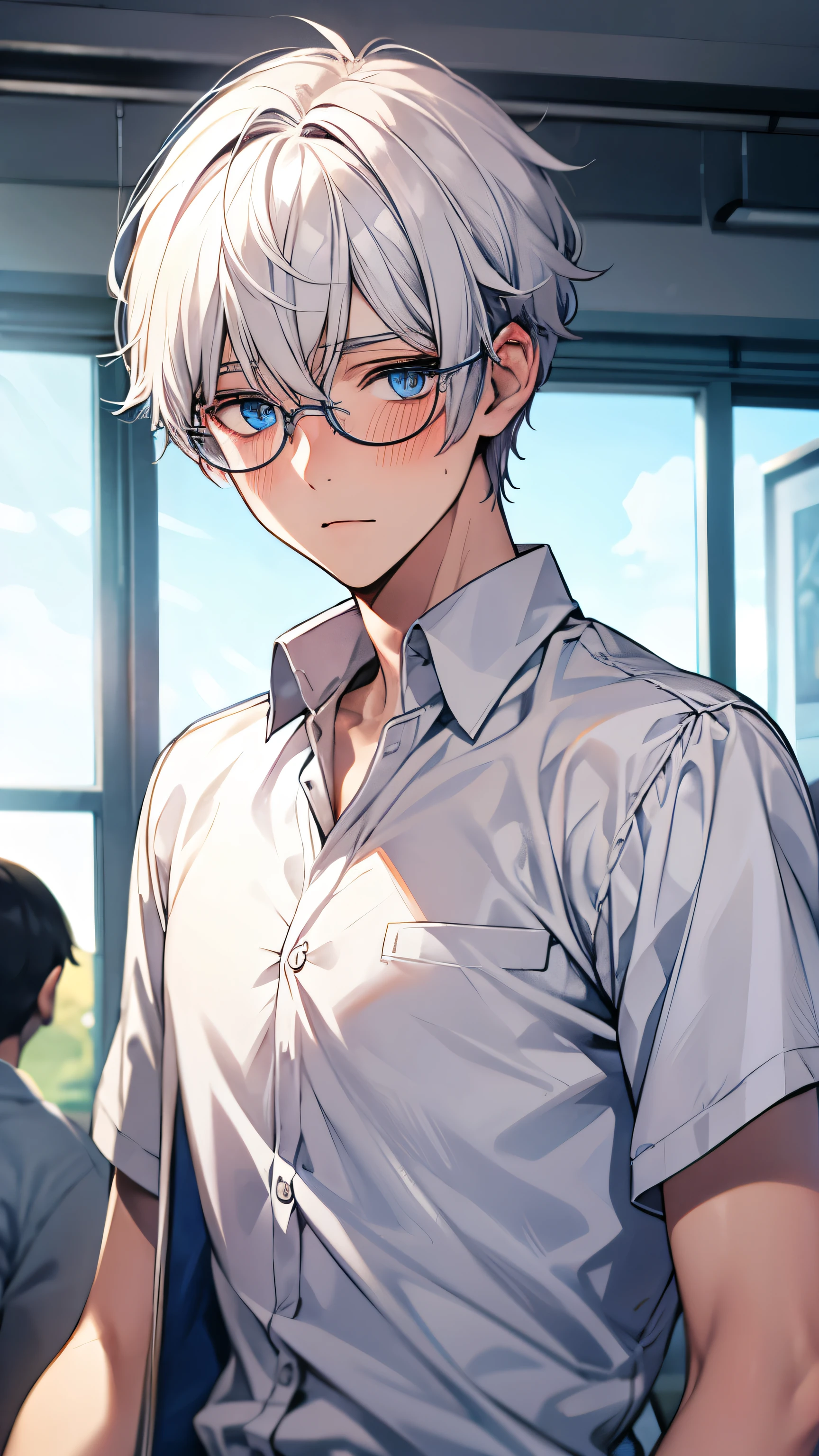 Blue eyes, white hair, male, teenager, short hair, handsome, highschool, , round glasses, soft blush