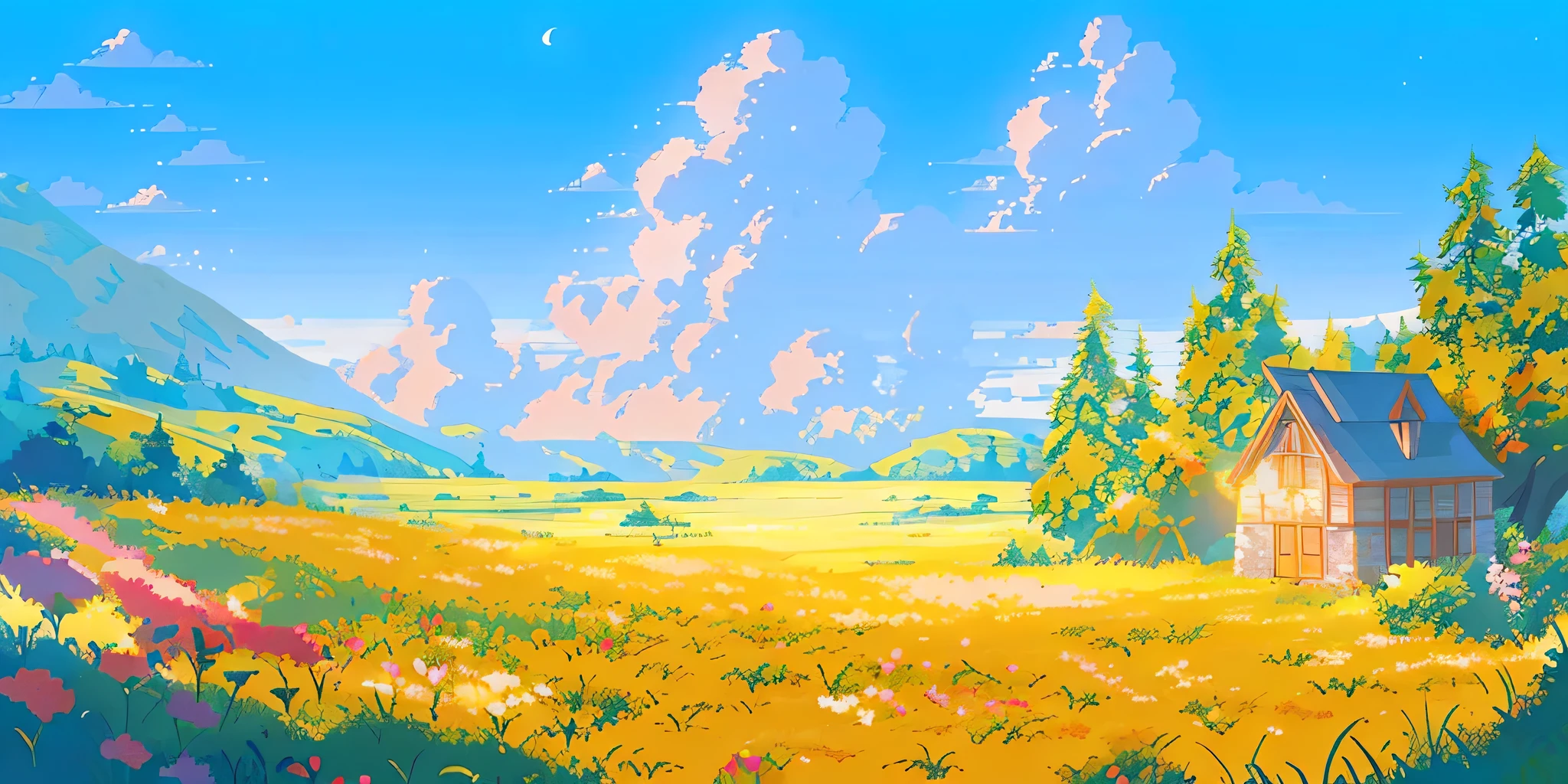 masterpiece,ultra detailed,best quality,animevibes,scenery,blurry,bright sky,outdoors,no humans,No artificial materials,No structure,day,Flower Field,grassland,summer,