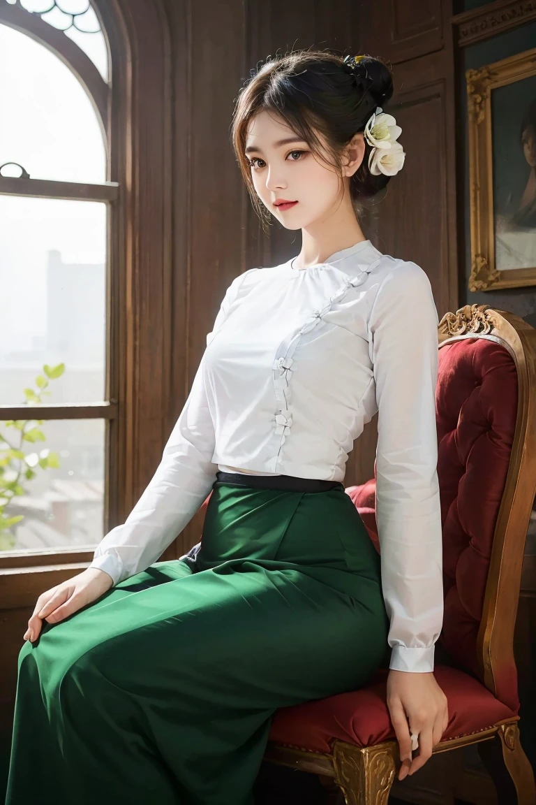 A mesmerizing portrait of an elegant woman with a graceful hair bun adorned with a delicate jasmine flower, captivating the viewer with her enchanting gaze amidst the serene ambiance of a grand library. Masterfully crafted, high-resolution digital painting showcases intricate details and evokes a sense of timeless beauty and intelligence. The warm lighting highlights her features, accentuating the delicate contours of her face, while the soft background adds depth to the composition. An exquisite masterpiece worthy of admiration, (wearing acmmsayarma outfit, acmmsayarma white top with buttons, long sleeves), ((acmmsayarma green long skirt))