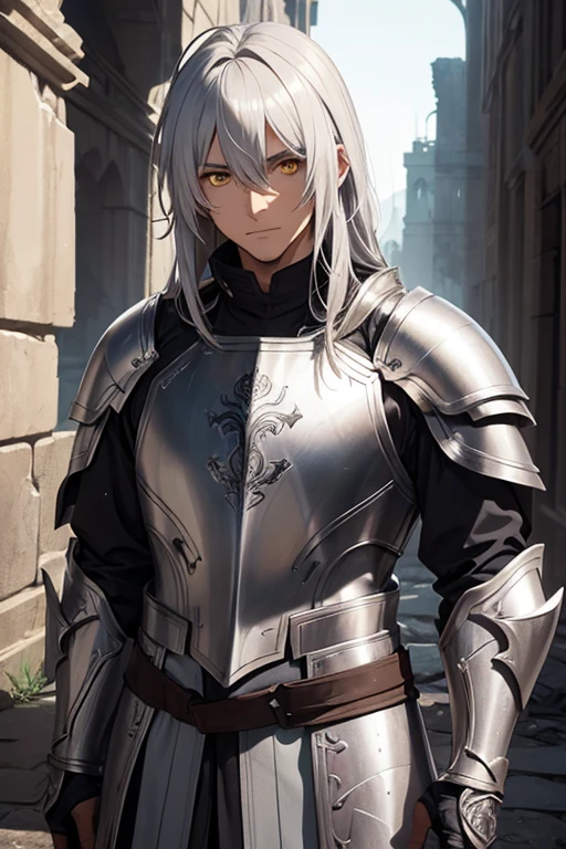 male, messy silver medium length hair with bangs, yellow eyes, adult face, adult, white hood and shroud, breast plate armor, handsome, medieval fantasy, ruins, sorcerer, looking at viewer
