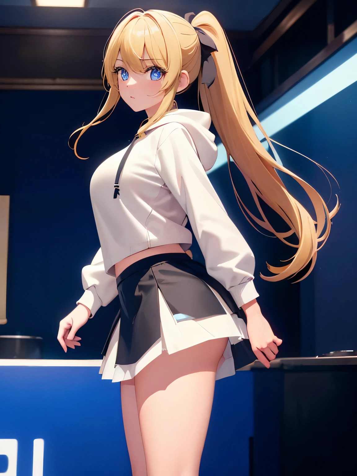 1woman,super beautiful,Standing, Confused expression,half body photo,Beautiful eyes, very detailed face,cute, tennis skirt,HD face, perfect face, white hoodie,long hoodie,black mini skirt,Very big breasts,Blonde hair,long hair,ponytail,bangs,blue eyes,ultra detail,ultra Hd, masterpiece,4k