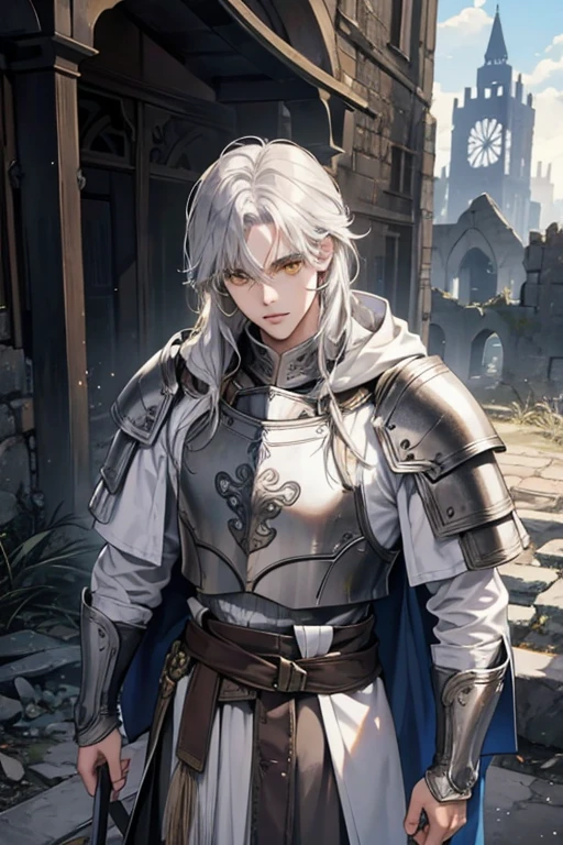 male, messy silver medium length hair with bangs, yellow eyes, adult face, adult, white hood and shroud, breast plate armor, handsome, medieval fantasy, ruins, sorcerer, looking at viewer