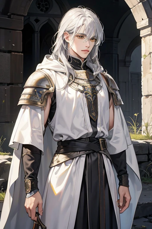 male, messy silver medium length hair with bangs, yellow eyes, adult face, adult, white hood and shroud, breast plate armor, handsome, medieval fantasy, ruins, sorcerer, looking at viewer