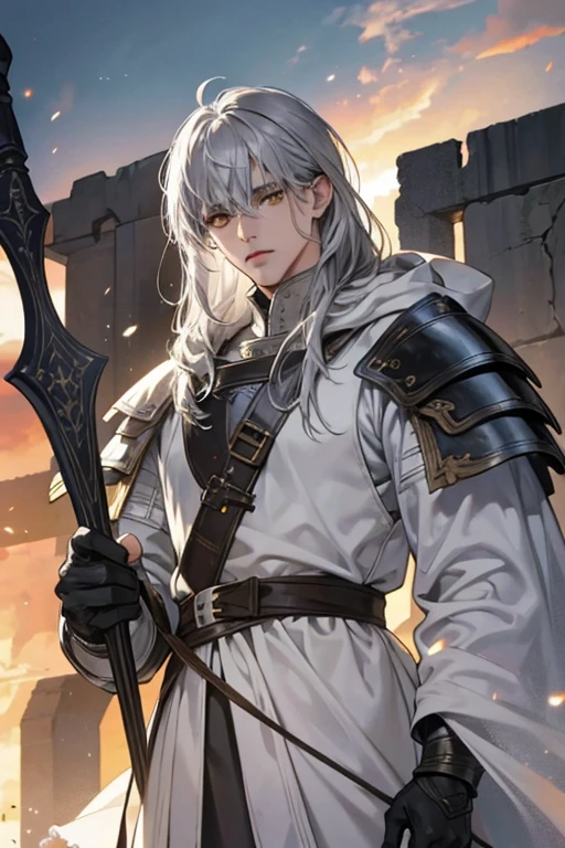 male, messy silver medium length hair with bangs, yellow eyes, adult face, adult, white hood and shroud, breast plate armor, handsome, medieval fantasy, ruins, sorcerer, looking at viewer
